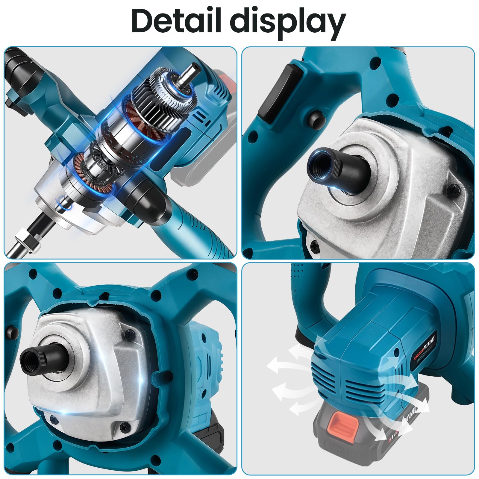Malaxeur Mortier Colle avec 2 Batteries 1500mah,Mélangeur à Béton 6 Vitesses,900rpm,Tige Spirale M14,Betonniere Électrique Pour Mélanger Aliments,Plâtre,Peinture,Ciment,Mortier (Bleu)