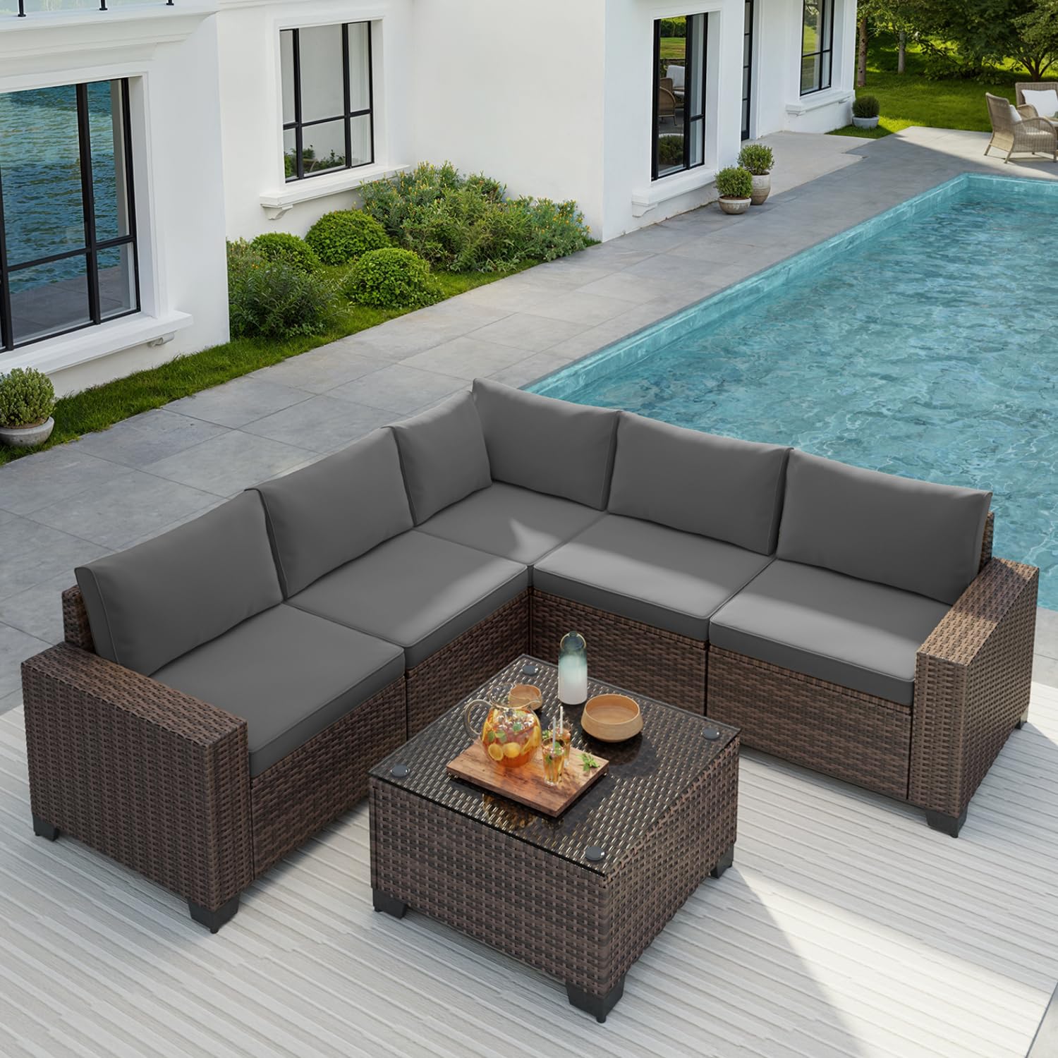 6-Piece Outdoor Patio Furniture Set, PE Wicker Rattan Sectional Sofa Conversation Set with Thickened Cushions and Coffee Table, All-Weather Patio Furniture for Garden, Backyard, Poolside, Grey(Missing parts)