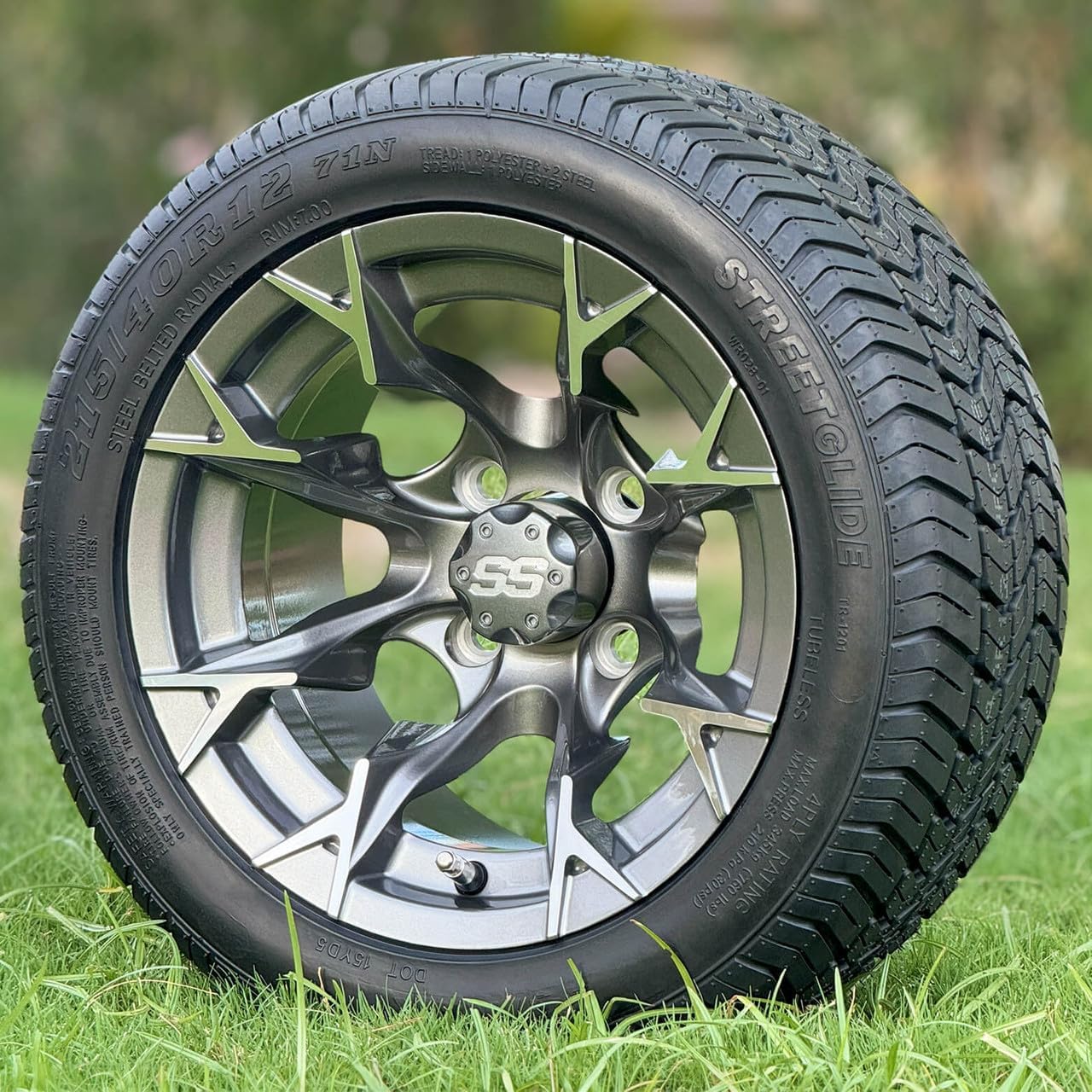 12" Vulcan Gunmetal Golf Cart Wheels and 215/40-12" Low Profile Steel Belted DOT Tires Combo - Set of 4 (Standard Lugs 1/2 x 20)