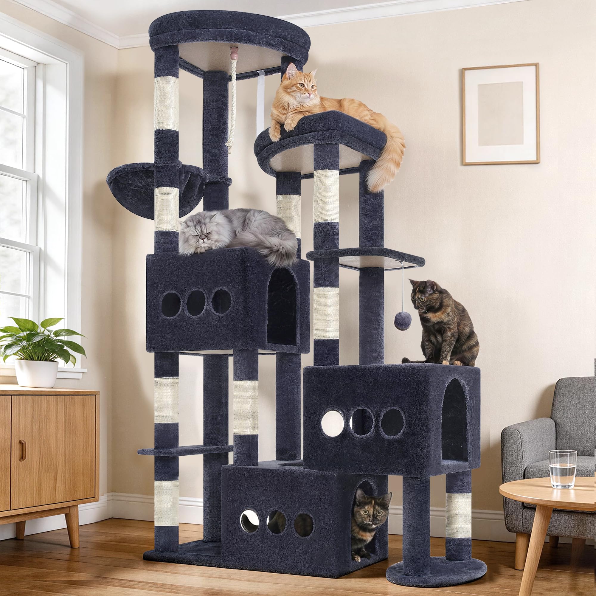 Gitelsnour Rascador para Gatos de 182 cm, Árbol rascador para Varios Gatos antivuelco y Estable con 3 Cuevas Grandes, con 3 Plataformas, Cesta Colgante y 10 Postes rascadores, Gris Ahumado GCT036G
