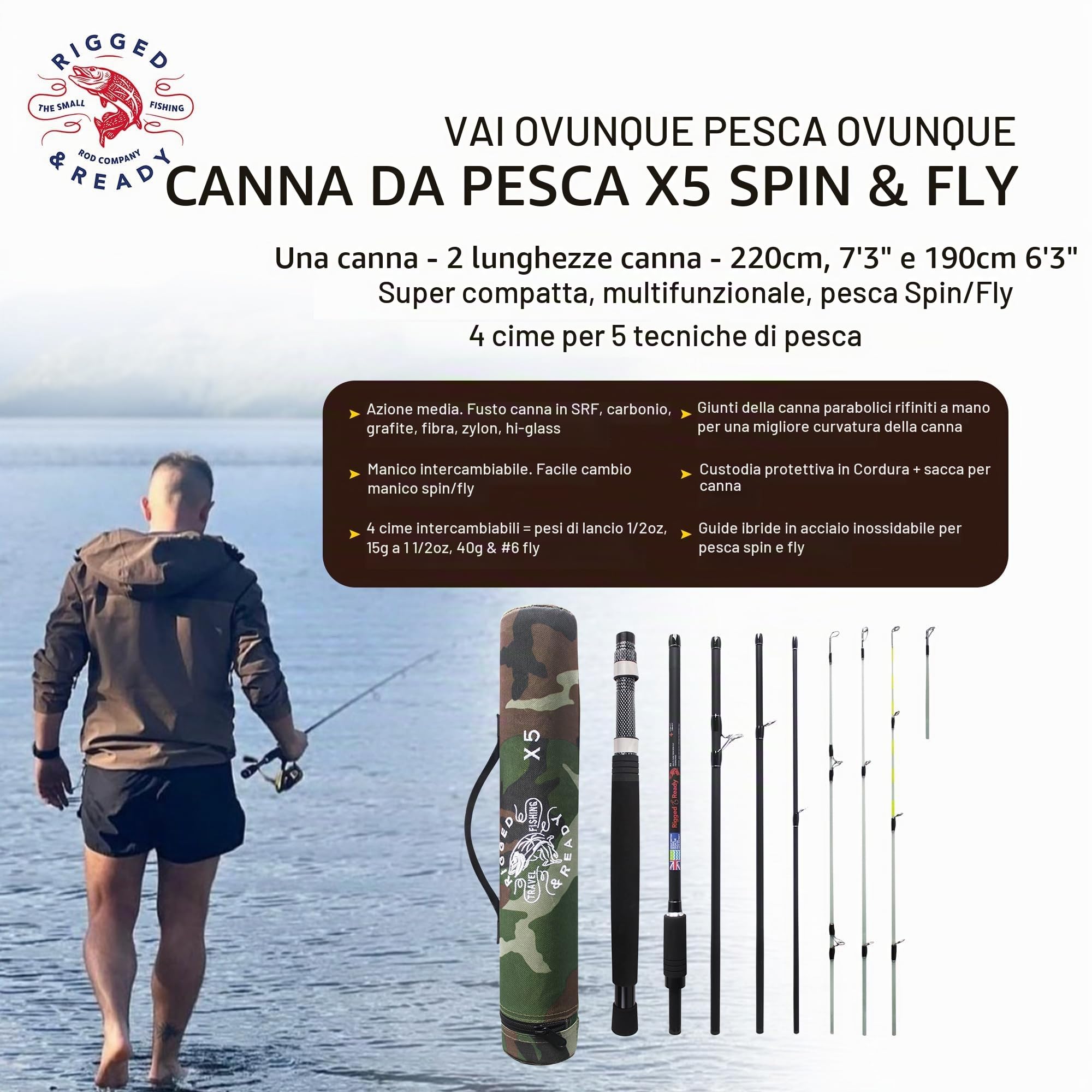 Rigged and Ready X5 Series Travel Fishing Rods Spin-Fly X5 Rod and 2 Reels Combination,X5 Rod,X5 Max Super Compact,Multi-Functional Rods,4 Tips,5 Techniques 1 Fishing Rod.