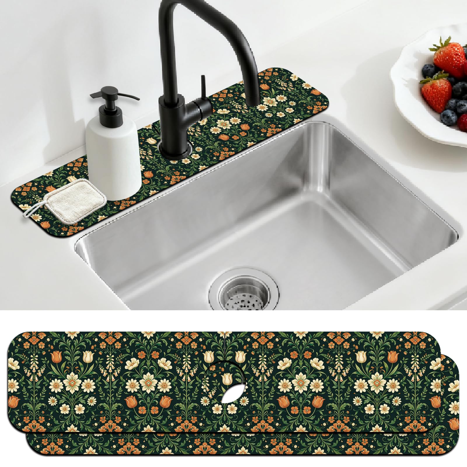 CONCHLERY 2Pcs Vintage Plants Kitchen Sink Splash Guard Faucet Mat Vintage Flowers Leaves Pattern Faucet Mat for Bathroom Kitchen 5.5x23.6In