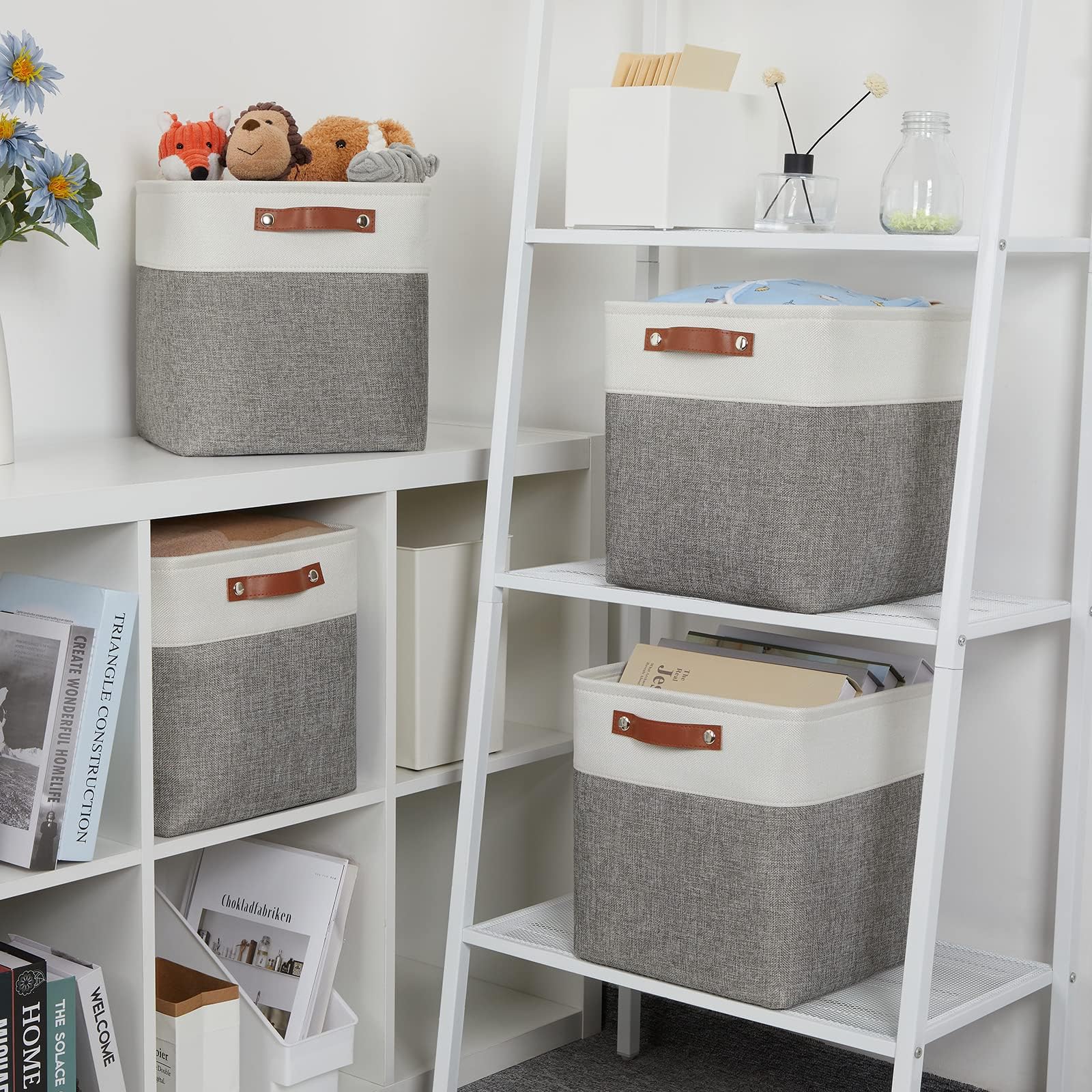 Boîte de Rangement en Tissu 33x38x33cm, Lot de 4 Paniers de Rangement Cubiques Pour Armoire, Étagère, et Vêtements, Gris&Blanc