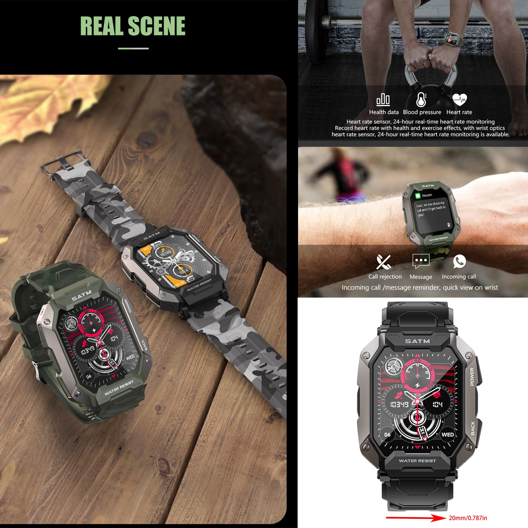 Reloj inteligente para hombre con función de teléfono, 1,81 pulgadas AMOLED 5 ATM Smart Watch Fitness Tracker 123 modos deportivos Rastreador de actividad con presión arterial Monitor de sueño Reloj