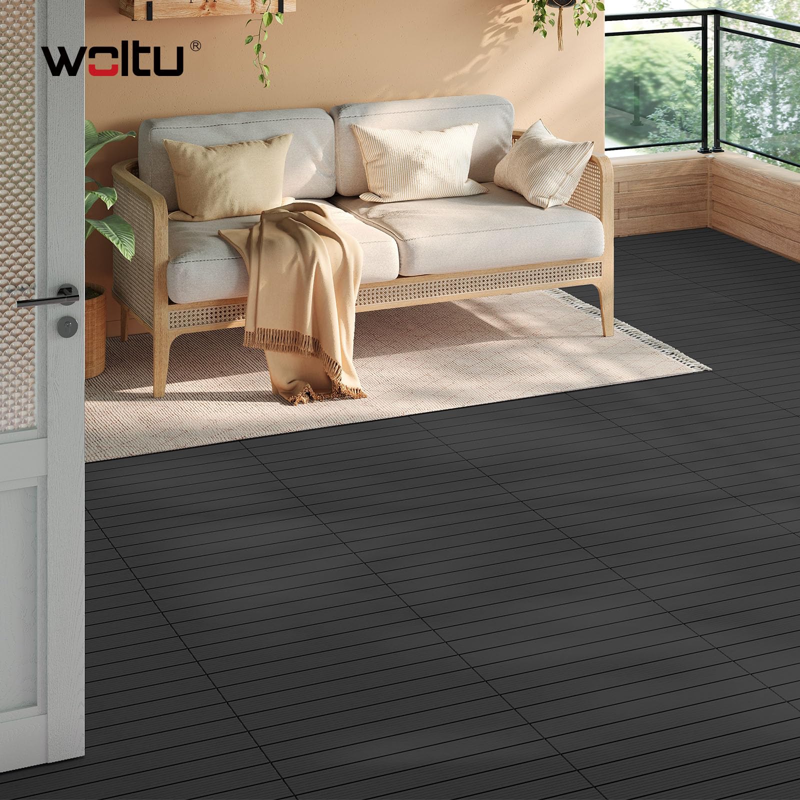 WOLTU WPC Fliese, Terrassenfliesen Holz-Optik, Bodenbelag mit Klicksystem, 30 x 60 cm, Anthrazit (12 Stück / 2 m²)
