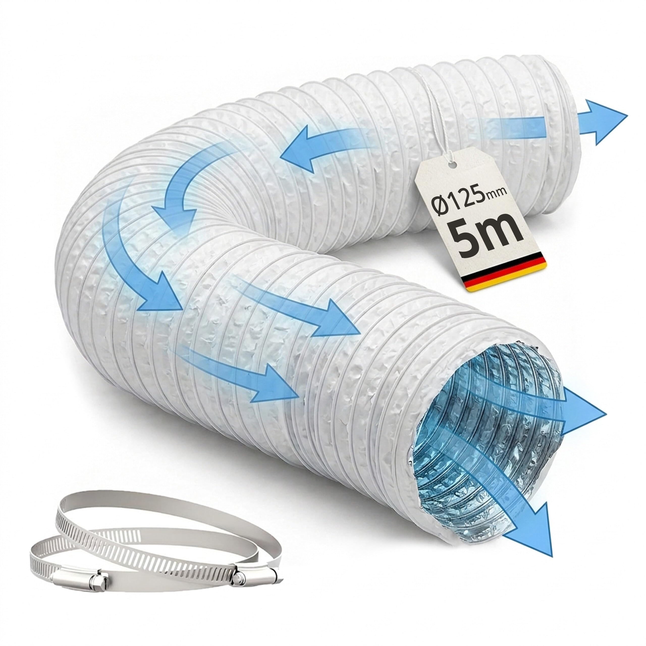 Relaxdays Abluftschlauch, 2 Schellen, Ø 125 mm, 5 m, PVC, Aluminium, gasdicht, temperaturbeständig, Luftschlauch, weiß