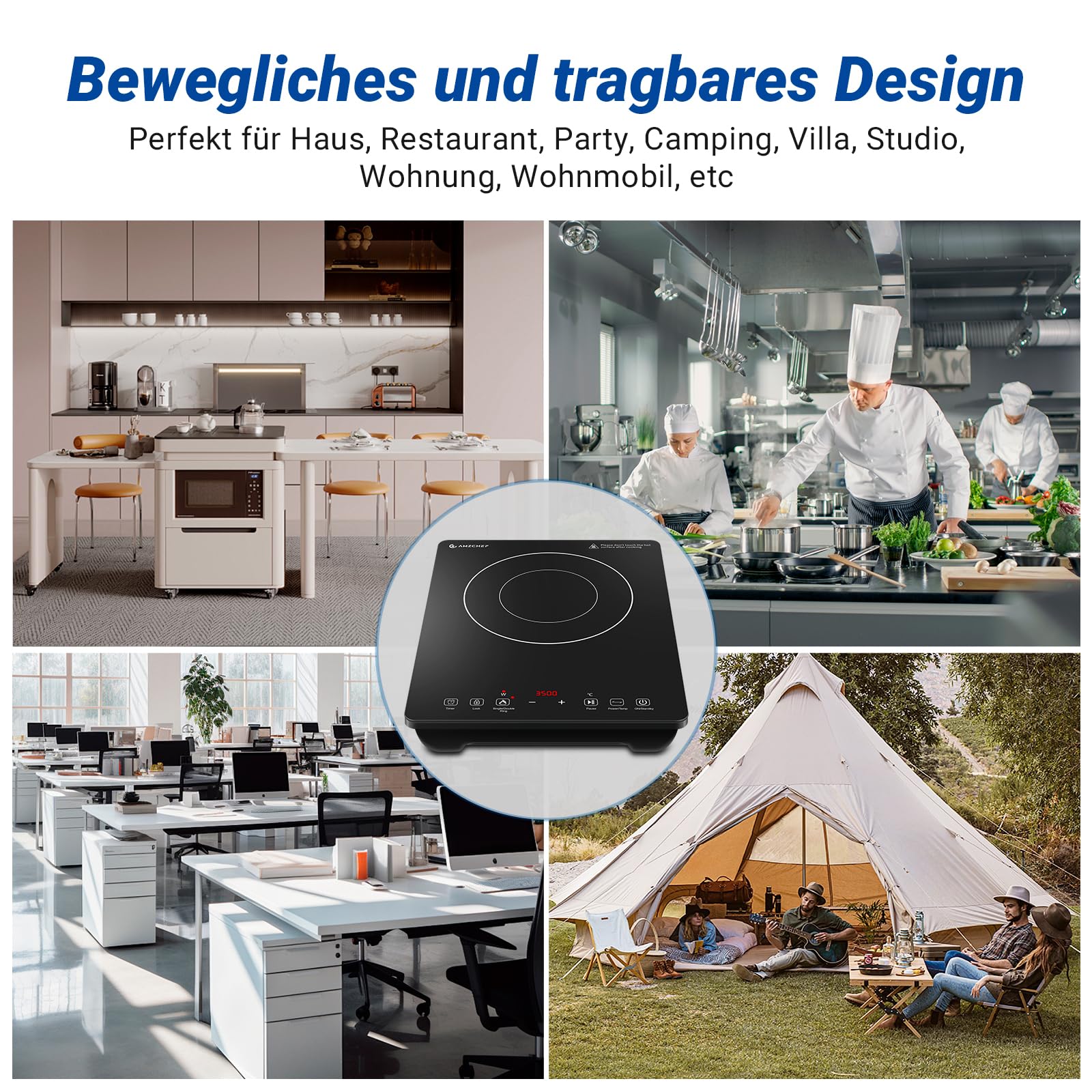 AMZCHEF Induktionskochplatte Einzel, 3500W Induktionskochfeld mit Doppelter Ring, 9 Stufen, Sicherheitssperre