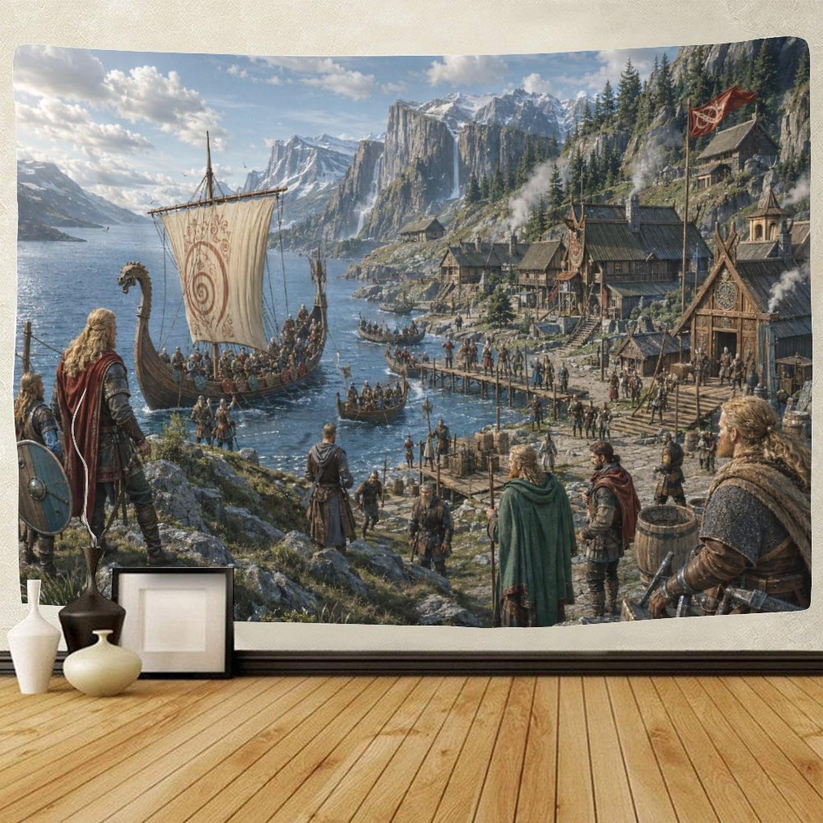 GPMNBCXZK Viking Longship Nordic Fjord Village 3D Print Wall Tapestry Wall Hanging Decor Tapestries Poster Home Decoration Bedroom Living Room 130cmx150cm