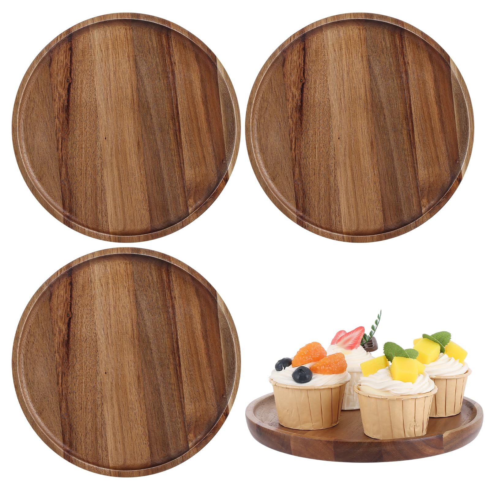 LDXDRU 4PCS Wooden Trays，8.07×8.07×0.7 in Round Trays Decorative for Display and Home Decor, Acacia Wooden Serving Tray for Coffee, Tea, Snacks and Desserts