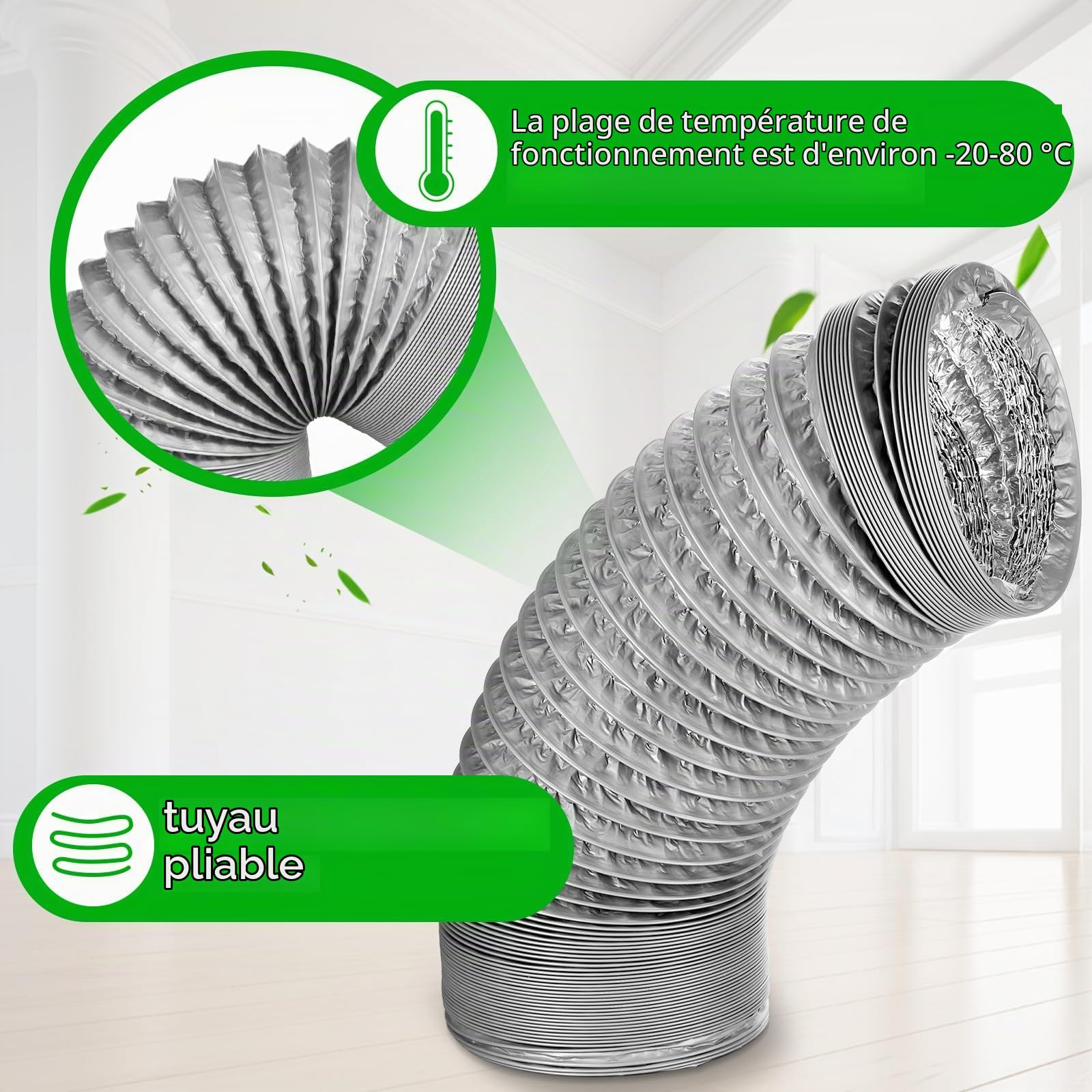 Hestya Tuyau d'Évacuation d'Air et Accessoires PVC Tube d'Évacuation Flexible Conduit d'Aération Souple à Isolation Thermique avec Collier de Serrage en Acier Inoxydable Réducteur (Gris, 150 mm x 2 m)