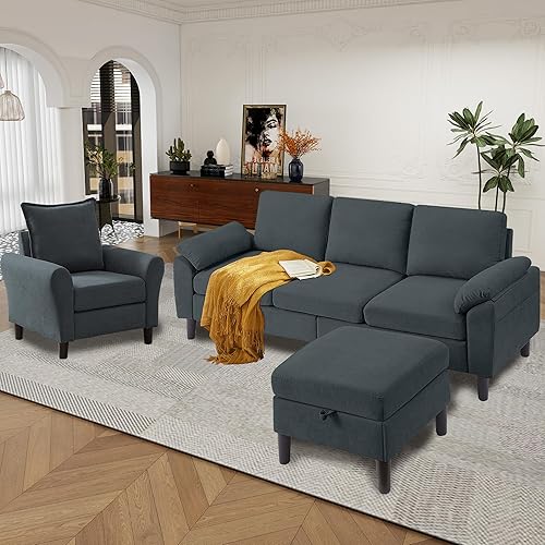 Miniatura 13 de Juego de sofá seccional convertible de 79 pulgadas, moderno sofá pequeño en forma de L de lino con otomana reversible y silla de acento, sofás de 3