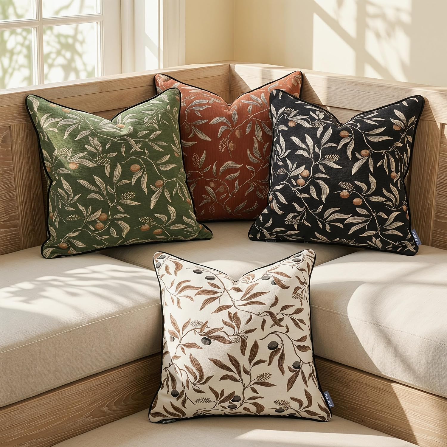 Black Vintage Floral Pillow Covers 18x18 Inch Set of 2, Cotton Plant Throw Pillow Decorative Cover Square Farmhouse Decorative Pillow Cover for Couch Living Room Bedroom