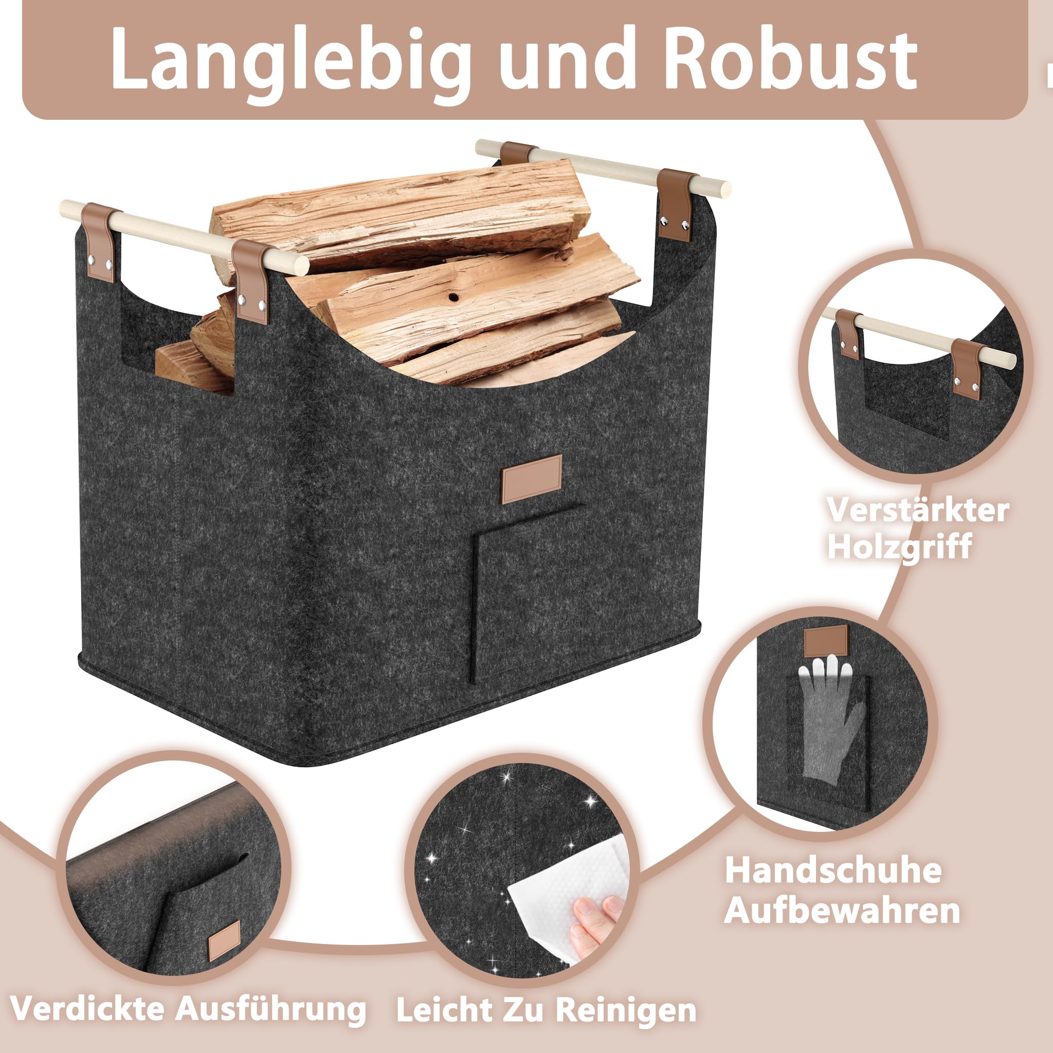 YRHome Lot de 2 paniers à bois de chauffage extra épais - Grand panier à bois de chauffage - Panier en feutre pour bois de chauffage - Cheminée avec poignées en bois - Jusqu'à 40 kg - 50 x 32 x 40 cm