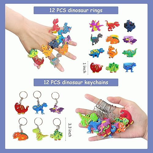 Miniatura 4 de XIPEGPA Recuerdos de fiesta de dinosaurios con huevos temáticos de dinosaurios, pulseras de dinosaurios slap llaveros, anillos, calcomanías para