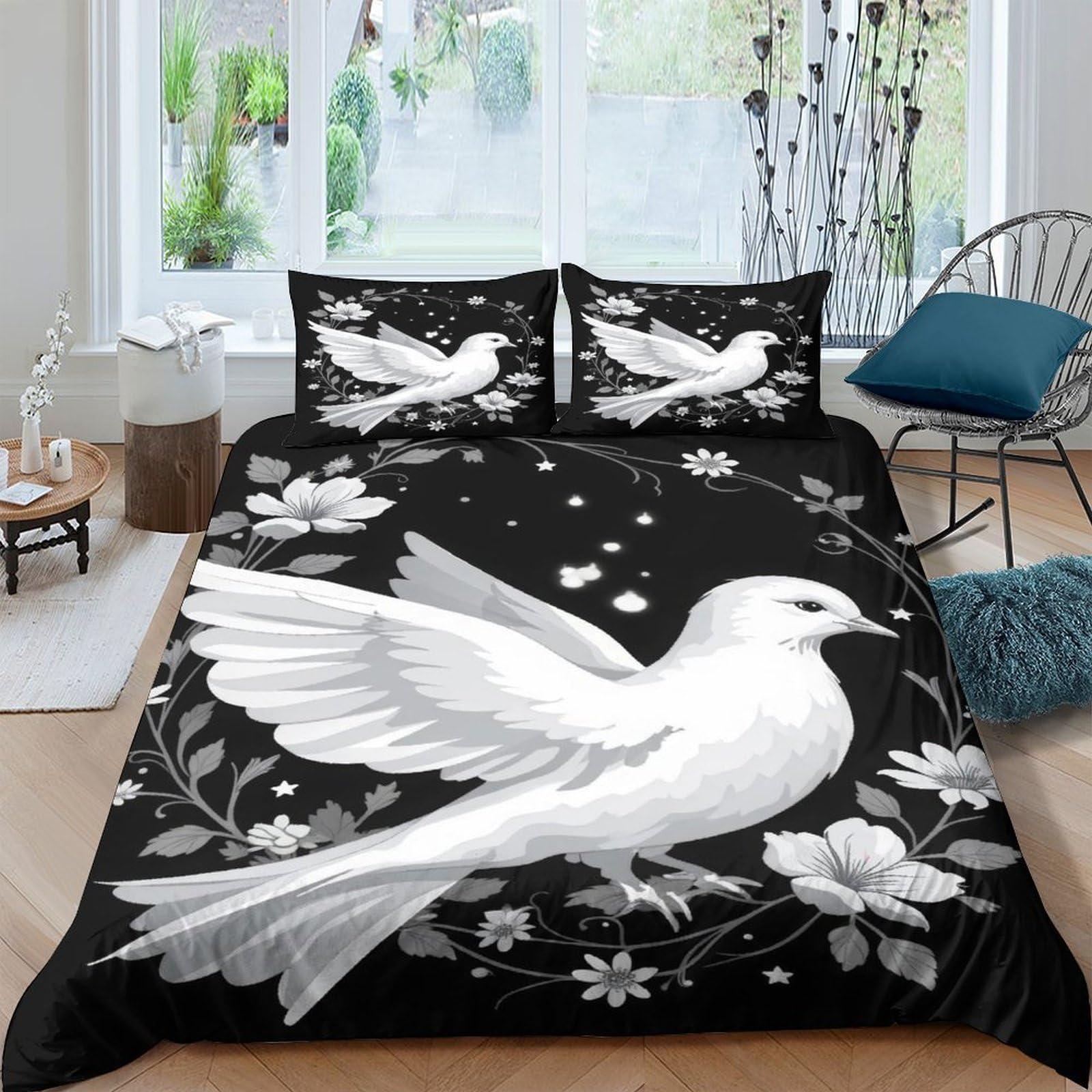 Ctjqhvkz Style-7 3D Printed White Dove Floral Fitted Sheet Microfiber Black Art Bed Cover For Bedroom Guest Room Mattress Protection Single（135X200cm）