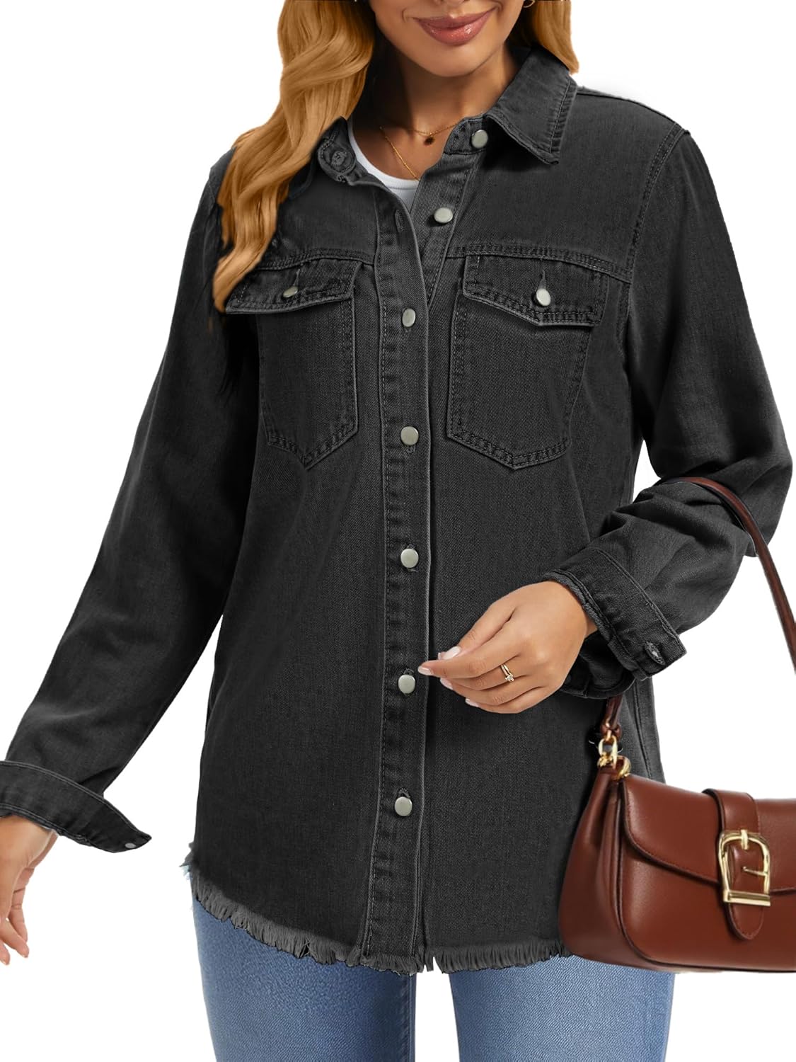 Oversized Jean Jacket For Women Casual Long Sleeve Button Denim Shirts Distressed Denim Jackets Shacket - Image 6