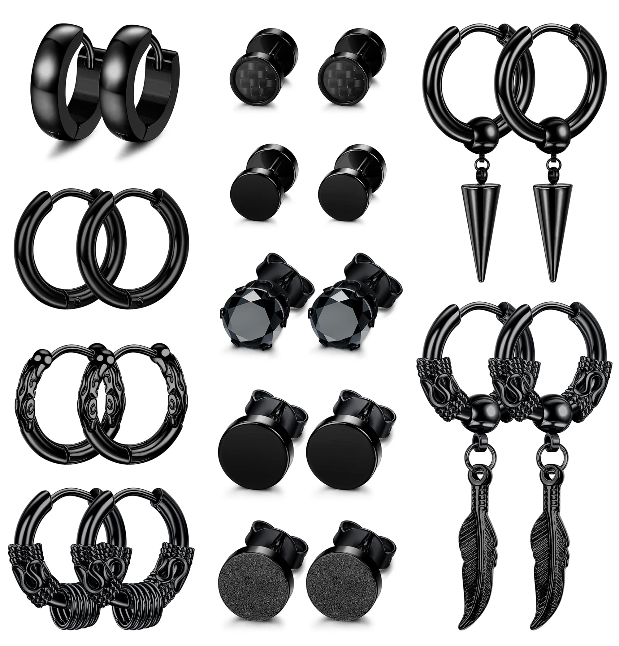 JeweBella 11 Pares Pendientes Hombre Acero Inoxidable Negro Punk Pendientes Colgantes Plumas Pendientes de Aro de Circón Redondos Conjunto Piercing Hipoalergénico para Hombres Mujeres