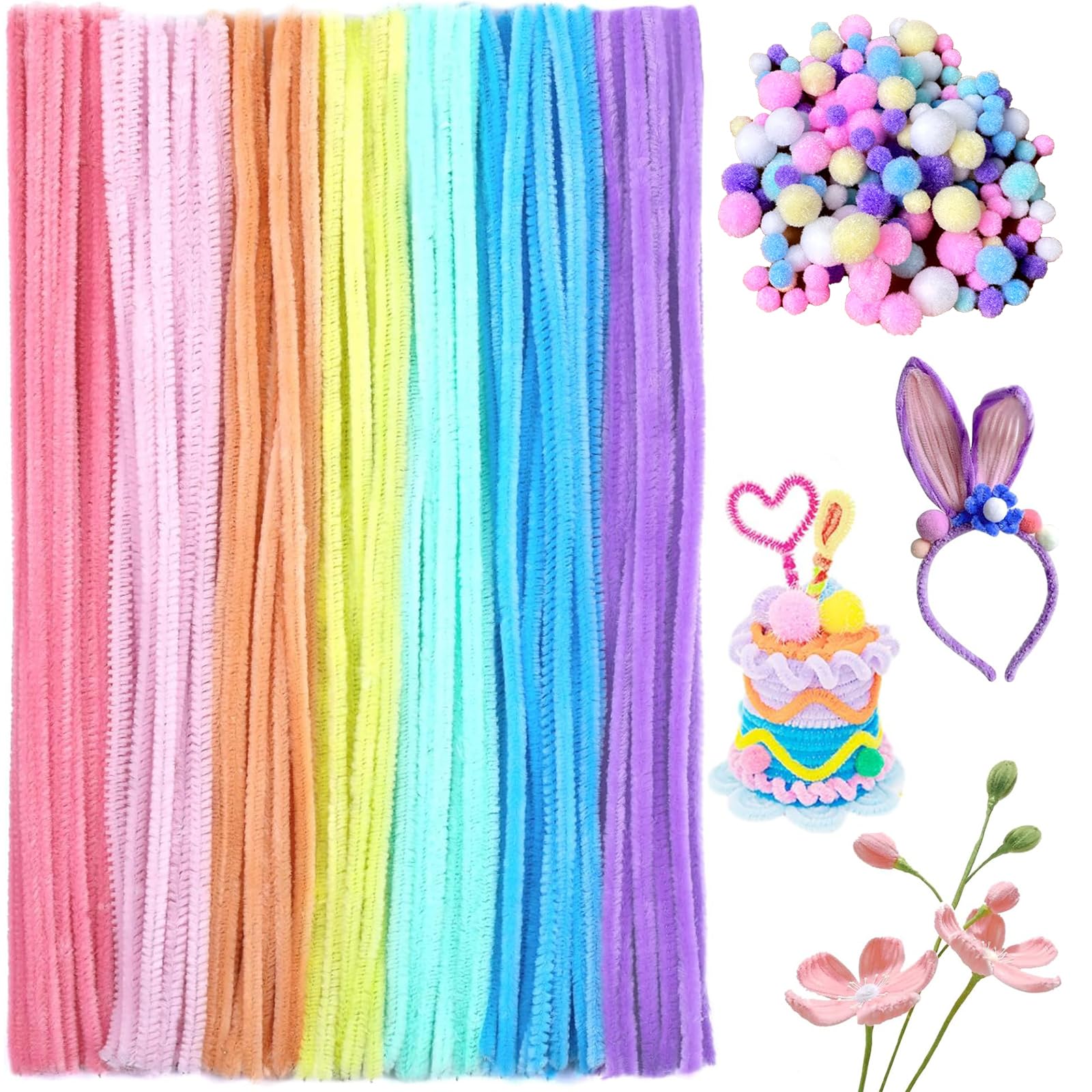 200 Pcs Pipe Cleaners Craft with Pom poms, Pipe Cleaners Chenille Stem,7 Assorted Colors Pipe Cleaners Craft Supplies for DIY Arts Crafts Decorations Creative School Projects（Macaron Colors）
