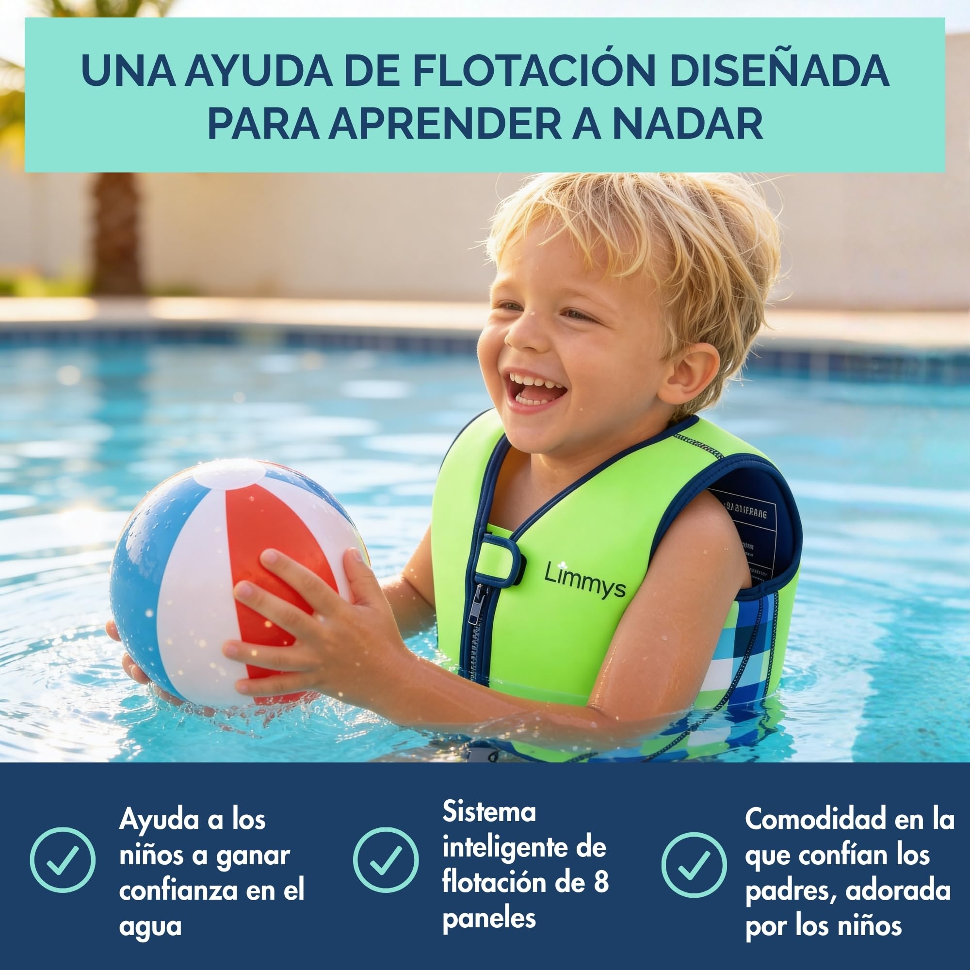 Chaleco de Natación Limmys para Niños – Sistema de Flotación Ajustable de 8 Paneles, Certificado CE, Diseño Premiado, Neopreno Suave, Construcción Resistente, Bolsa de Transporte Incluida