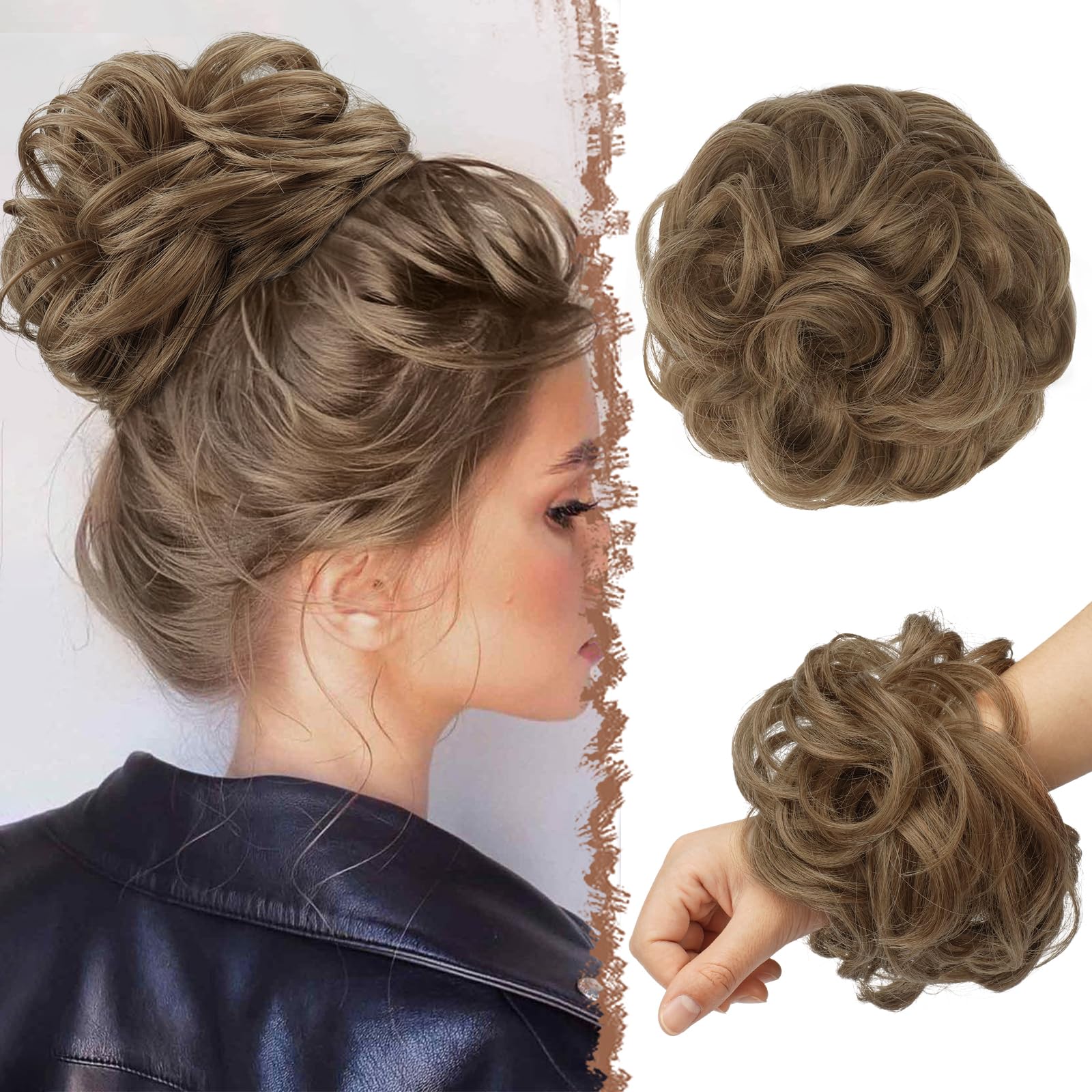 FESHFEN Messy Bun Hair Piece - Large Elastic Wavy Curly Hair Bun Scrunchies Ponytail Extensions Synthetic Chignon Hairpieces for Women, Light Brown mix Natural Blonde 1.94oz