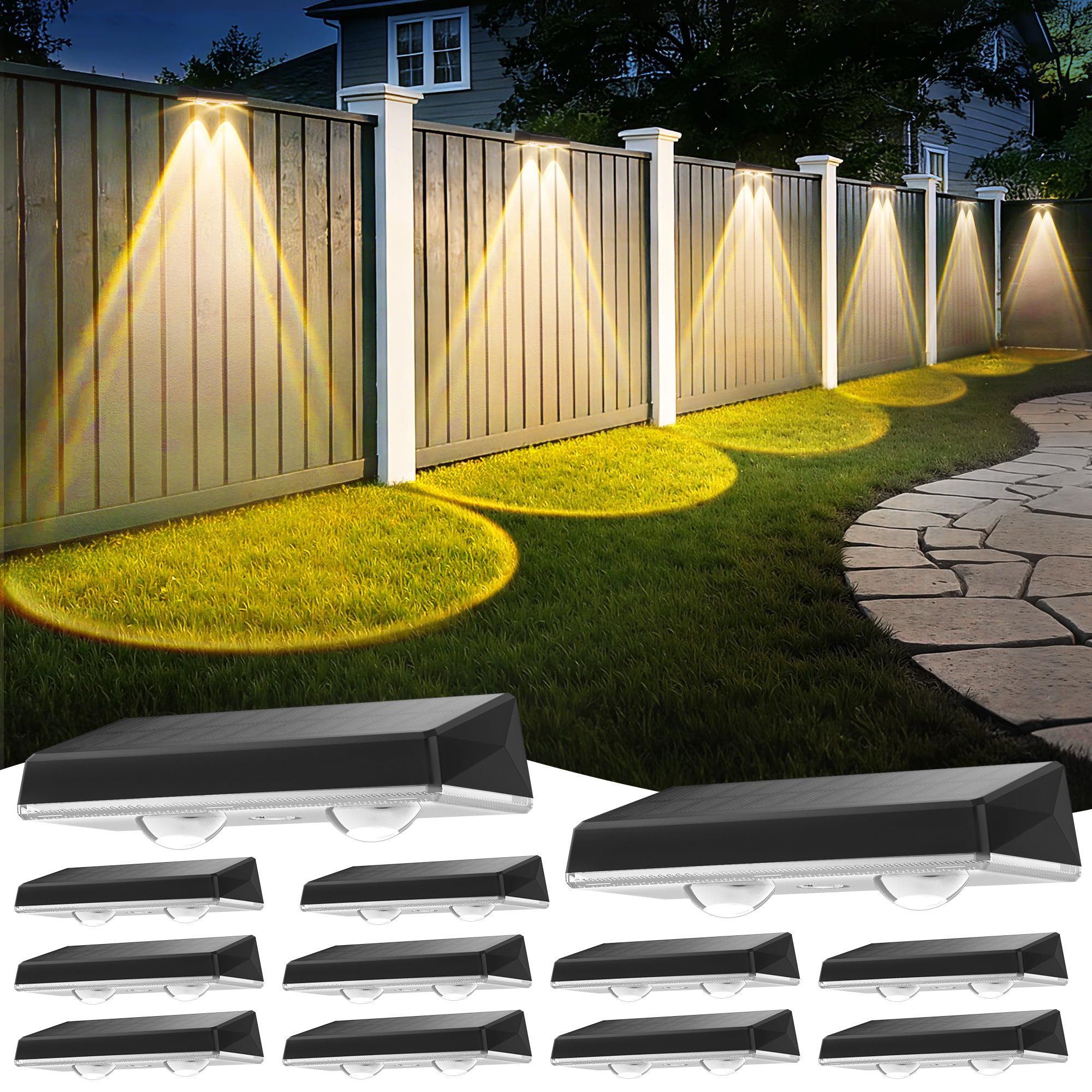 Delaiglow 12 Pack Solar Fence Lights Outdoor Garden, Weatherproof 3 Colour Modes Solar Powered Wall Lights, 10H Auto Lighting for Patio/Backyard/Porch/Pool Decorations - Waterproof Garden Wall Lights