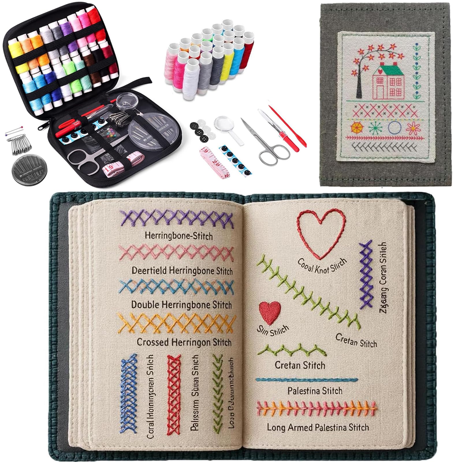 Pipihome Embroidery Stitch Book, Embroidery Kit for Beginners with Sewing Kit, Portable Embroidery Book Creative Craft Kits for Craft Enthusiasts