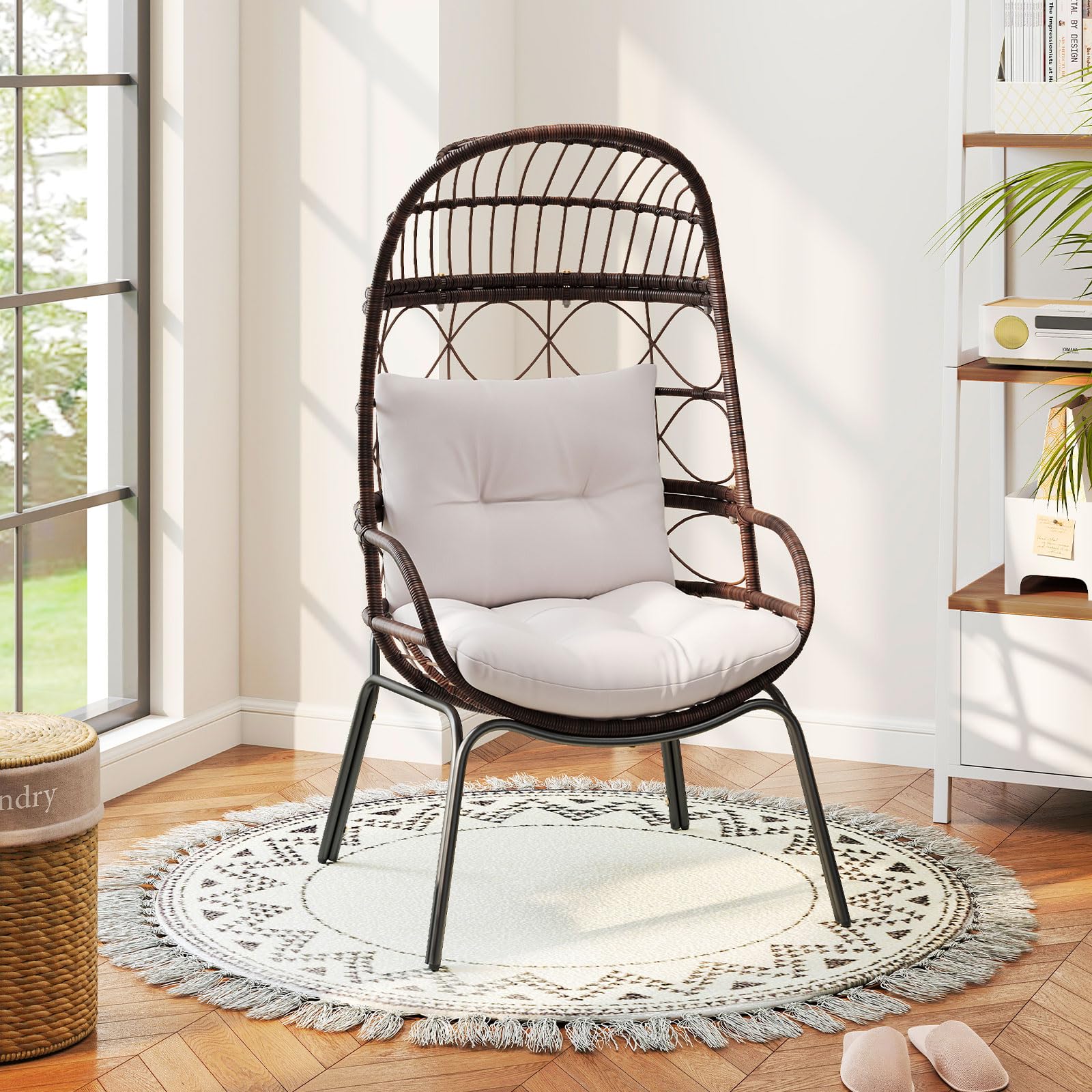 Tangkula Narrow Wicker Egg Chair Outdoor, Patio Rattan Lounge Basket with Seat & Back Cushions, Metal Indoor Outdoor Leisure Sofa Cocoon Chair for