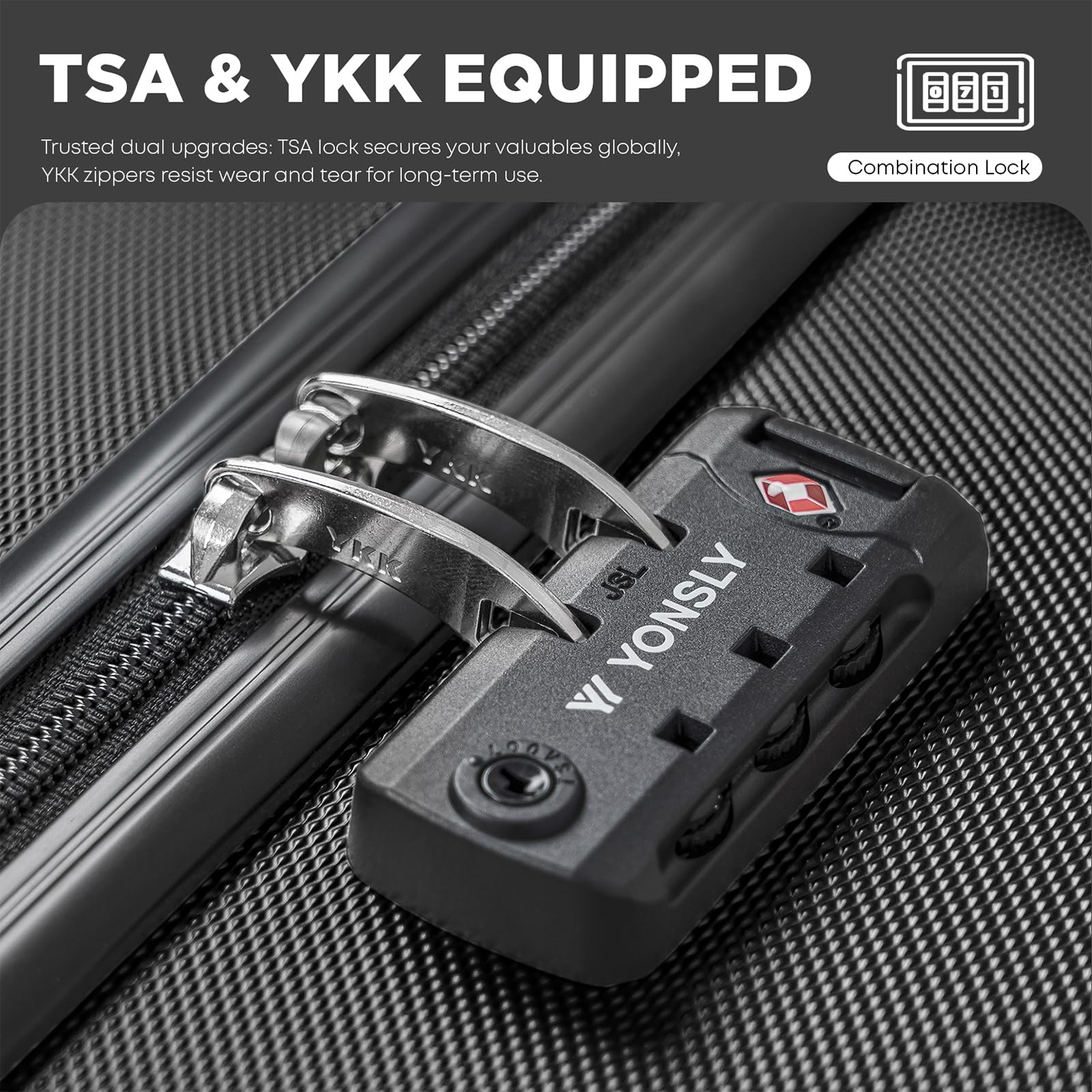 Premium Reisekoffer TSA-Schloss,YKK-Reißverschluss Hartschalen-Koffer Trolley Rollkoffer Suitcase Handgepäck 4 Rollen (Schwarz, L) - 3
