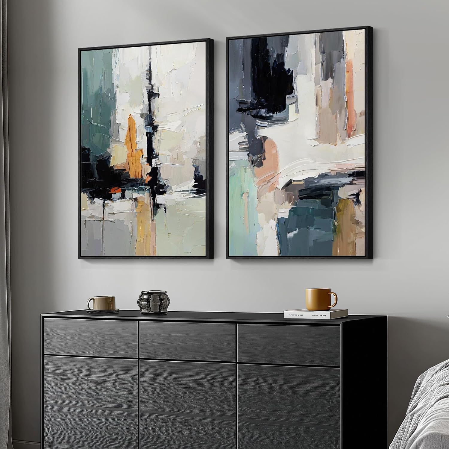 Large Framed Neutral Abstract Wall Art for Living Room, Set of 2 Bright Modern Canvas Prints Paintings Artwork for Walls, Colorful Abstract Pictures for Hallway Stair Bedroom Office Wall Decor 24x36 In