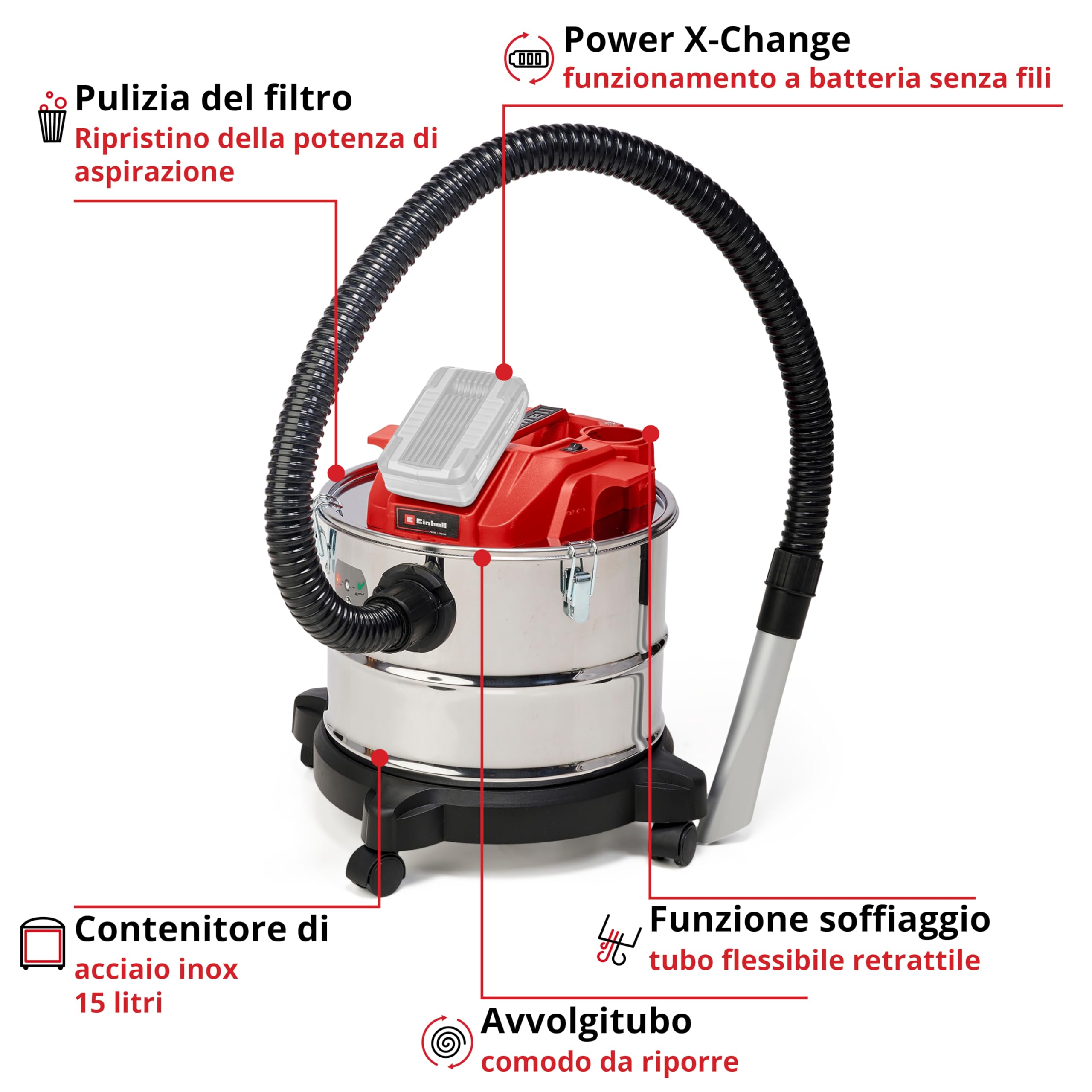 Einhell Aspiracenere a batteria TE-AV 18/15 Li C-Solo Power X-Change (Li-Ion, 18V, 100 mbar, Contenitore di raccolta da 15 L, Sistema di pulizia del filtro, Consegna senza batteria e caricatore)