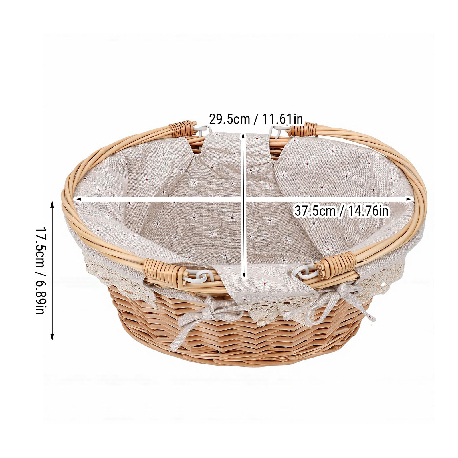 Haofy Petits Paniers de Pique-Nique Ovales en Copeaux de Bois avec Doubles Poignées Pliantes 14,8 X 11,6 X 6,9 Pouces Panier tissé à la Main Naturel doublé d'une Doublure en Panier (Marguerite)