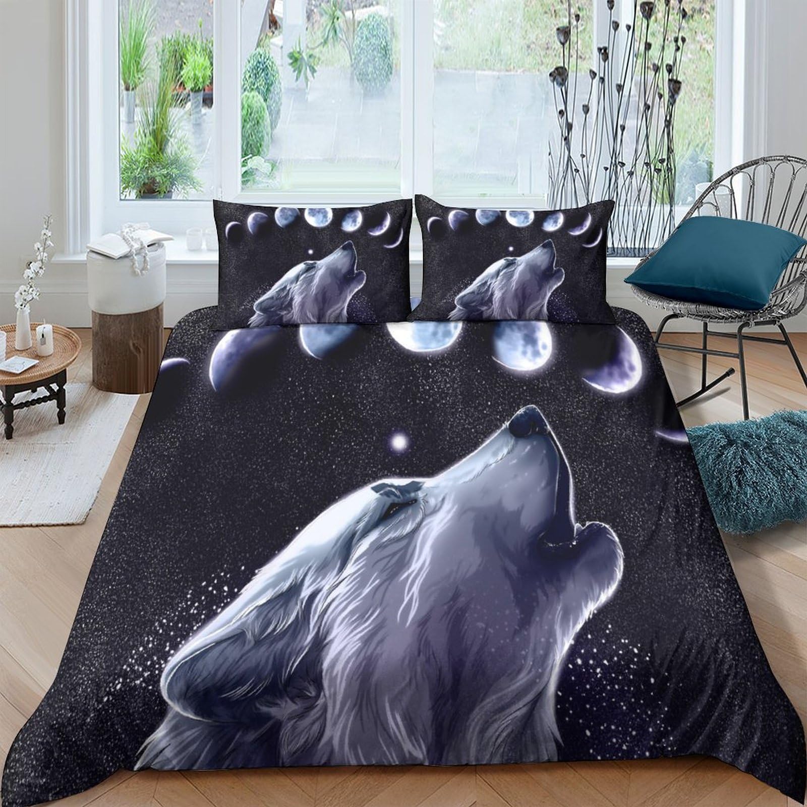 Ctjqhvkz Style-3 3D Printed Wolf Moon Fitted Sheet Microfiber Soft Black Night Sky Bed Cover For Bedroom Guestroom Mattress Decor Single（135X200cm）