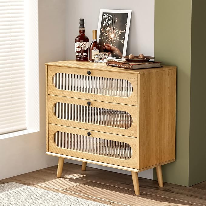 IKIFLY Glass Storage Cabinet with 3 Drawers, Modern Wardrobe Chest of Drawers, Freestanding Sideboard for Bedroom, Living Room, Hallway, Natural