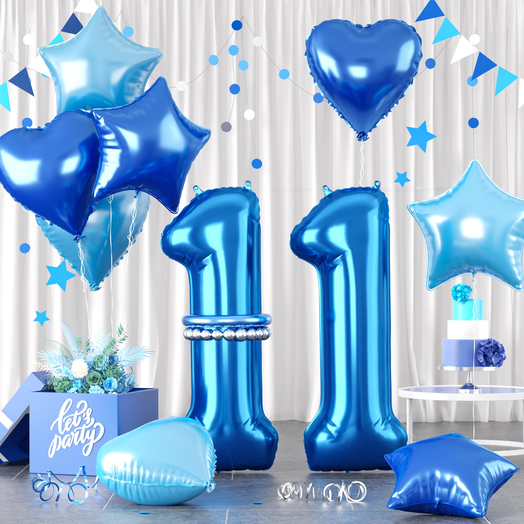 Blue Number 11 Balloons, 40inch Dark Blue Number 11 Balloons Set, Blue Foil Star Heart Balloon With Long Balloon For Boys 11th 11 1 Years Old Birthday