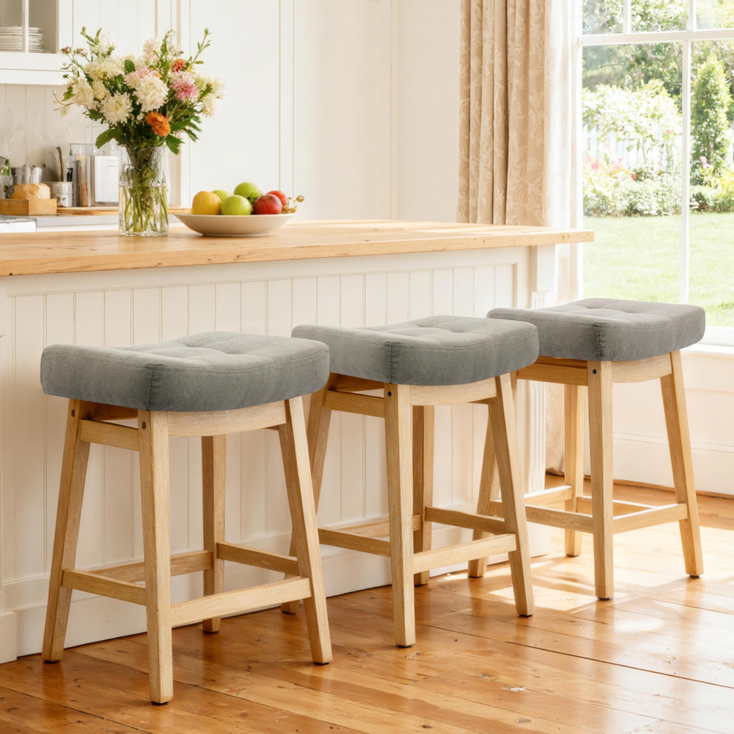 RNKSFX Counter Height Bar Stools Set of 3 for Kitchen Counter Farmhouse Modern Island Barstools with Upholstered Fabric Backless Seat and Solid Wood
