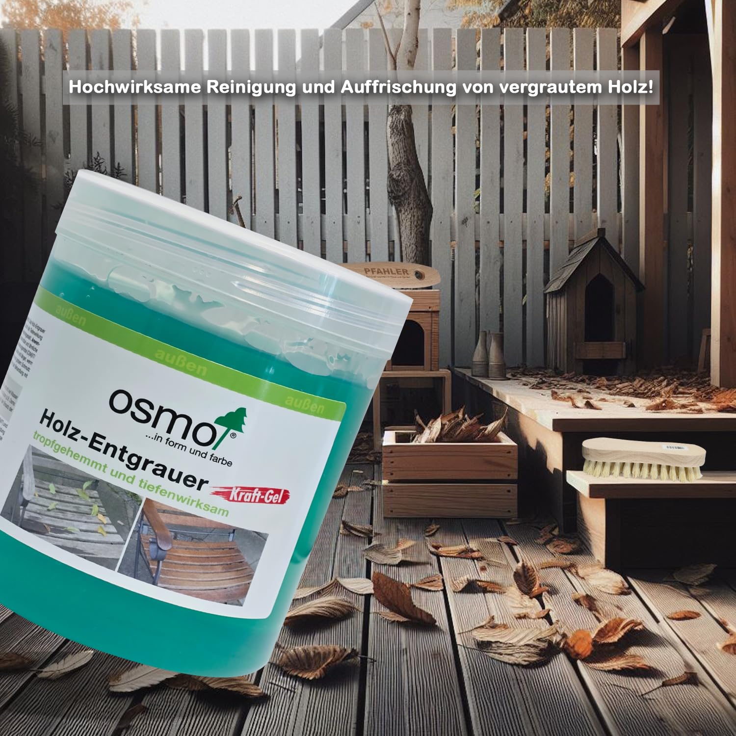 Osmo Gartenmöbel Pflegeset Holz-Entgrauer 500 ml Teak-Öl 007 0,375 l Schleifvlies Wurzelbürste Flächenstreicher 50 mm PFAHLER-Pinsel