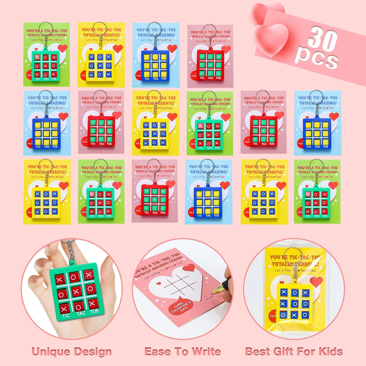Valentines Day Gifts for Kids Classroom - 30 Pack Tic Tac Toe Game Keychain Valentine for Kids Class, Tic Tac Toe Valentines Day Cards for Party Boys Girls, Gifts for Classroom Exchange