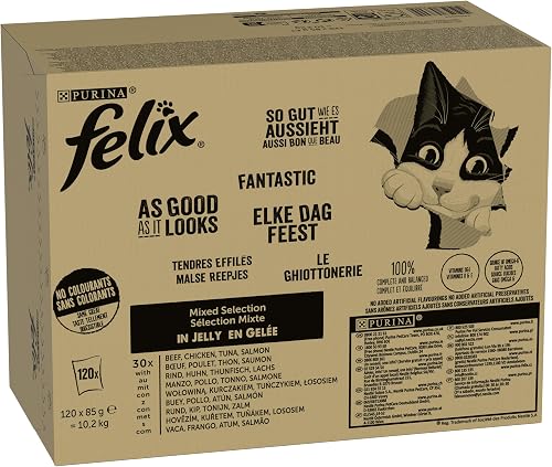 Felix Cat Food Wet in Jelly, Variety of Flavours, Large Pack of 120 (120 x 85 g)