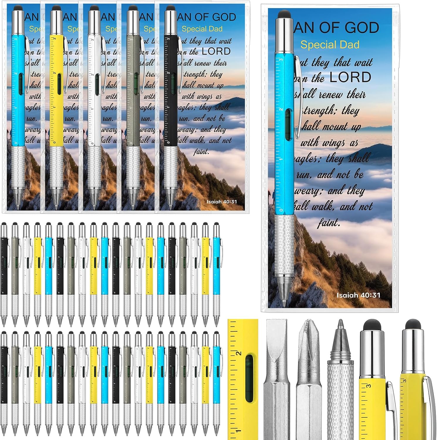 Sayglossy 120 Set Fathers Day Church Gifts Bulk Man of God 6 in 1 Multi Tool Pen with Religious Bible Verse Bookmarks Church Pastor Multi Tool Gadget Stuffers Husband Bible Study Supplies