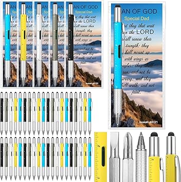 Sayglossy 50 Set Fathers Day Church Gifts Bulk Man of God 6 in 1 Multi Tool Pen with Religious Bible Verse Bookmarks Church Pastor Multi Tool Gadget Stuffers Husband Bible Study Supplies