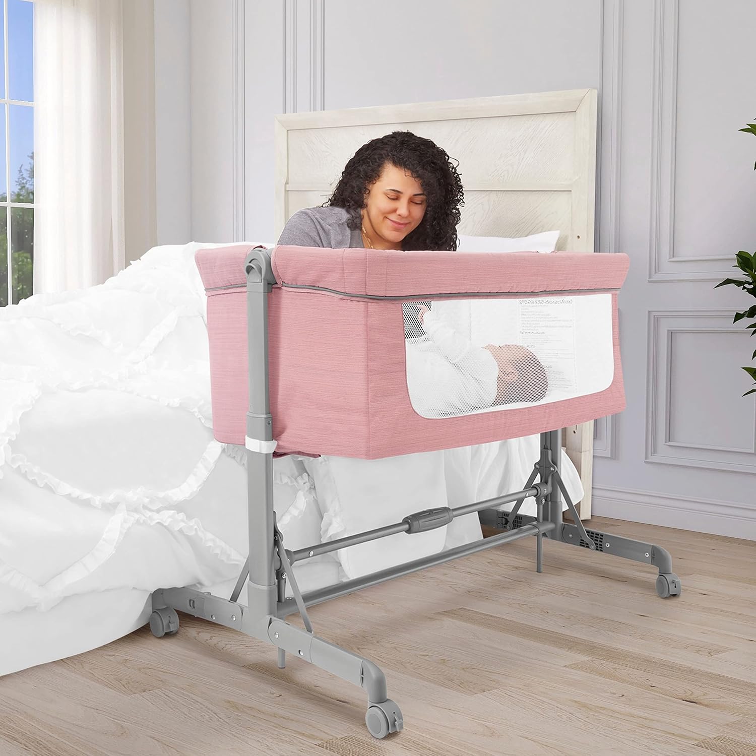 Zimal Bassinet and Bedside Sleeper in Pink, Lightweight and Portable Baby Bassinet, Breathable Mesh Panels, Easy to Fold and Carry Travel Bassinet, JPMA Certified