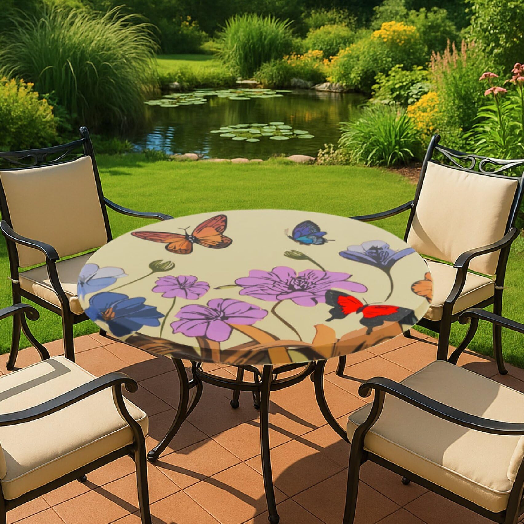 Maximex Tovaglia in plastica con elastico Ø 70-86 cm, motivo a farfalle, resistente alle intemperie e ai raggi UV, per giardino