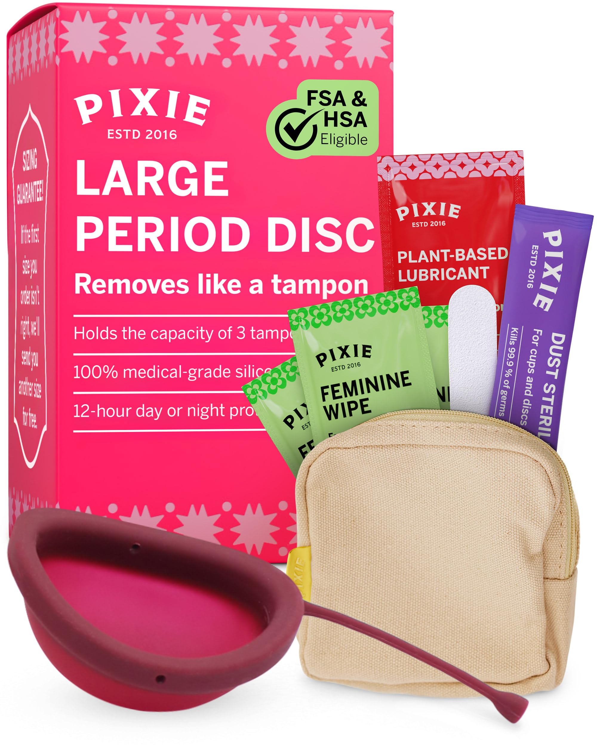 Pixie Menstrual Disc for Feminine Care - Ranked 1 for Best Tampon Alternative Period Disc - 100% Medical-Grade Silicone - Removes Like a Tampon - Wear 12 Hours - Capacity of 7 Tampons (Large)
