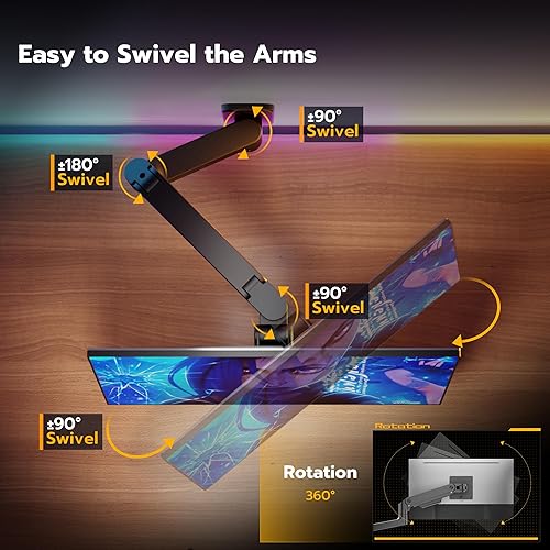 Miniatura 5 de ARES WING Brazo de monitor de montaje en pared para pantallas ultraanchas de 17 a 49 pulgadas, soporte de monitor individual resistente con