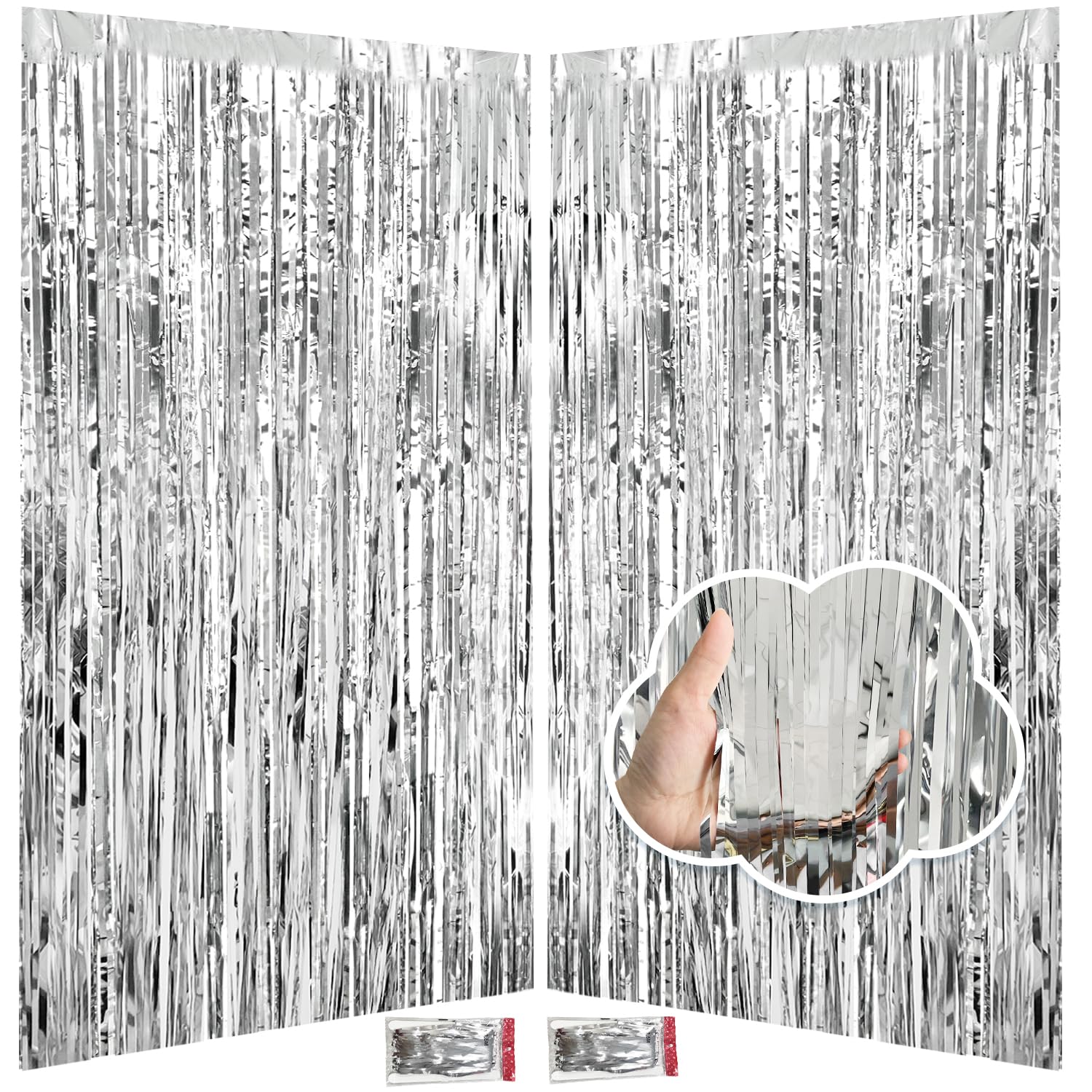 Silver Backdrop Foil Fringe Curtains 3.3x8.2ft, Tinsel Backdrop for Streamers Party Decorations, Glitter Silver Photo Backdrop for Birthday