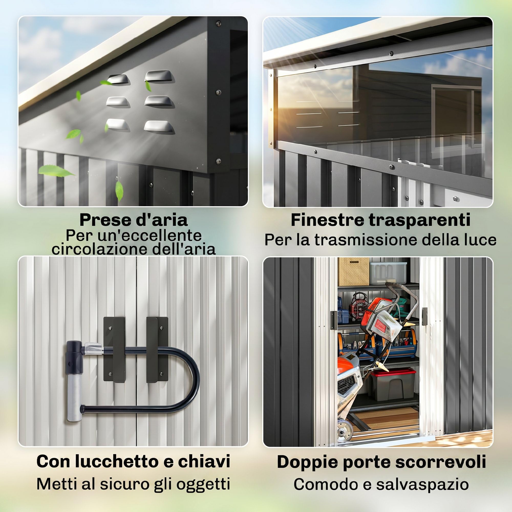 Outsunny Casetta da Giardino 2m² in Acciaio Zincato con Prese d'Aria, Capanno da Giardino con Finestre Trasparente, Tetto Inclinato, Porta Scorrevole Bloccabile, 2 Ganci, Grigio Scuro