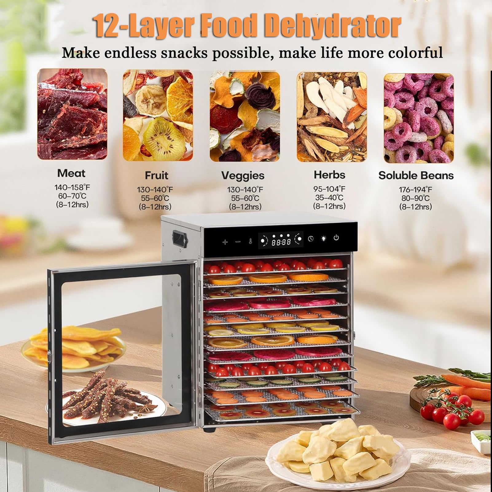 Essiccatore Per Alimenti, Essiccatore Per Carne Secca In Acciaio Inox A 6/8/12/18 Vassoi Per Uso Domestico, Armadio Di Essiccazione Per Carne, Frutta Ed Erbe Aromatiche,12-Tray