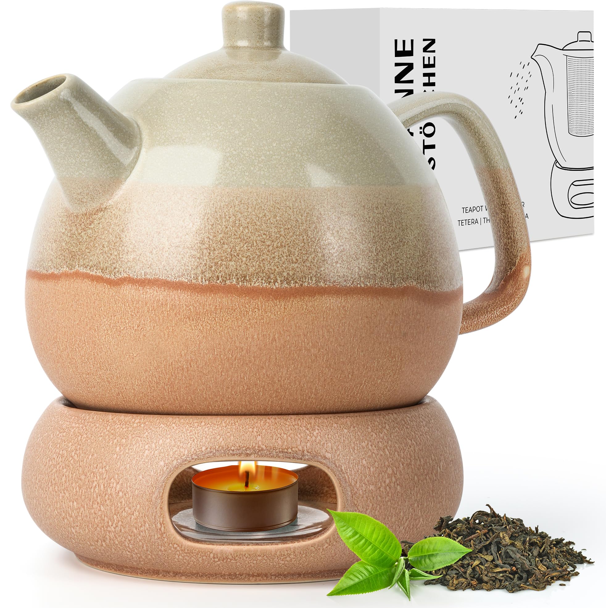 Keramik Design Teekanne mit Stövchen und Sieb - 1,4 l - Sandbeige