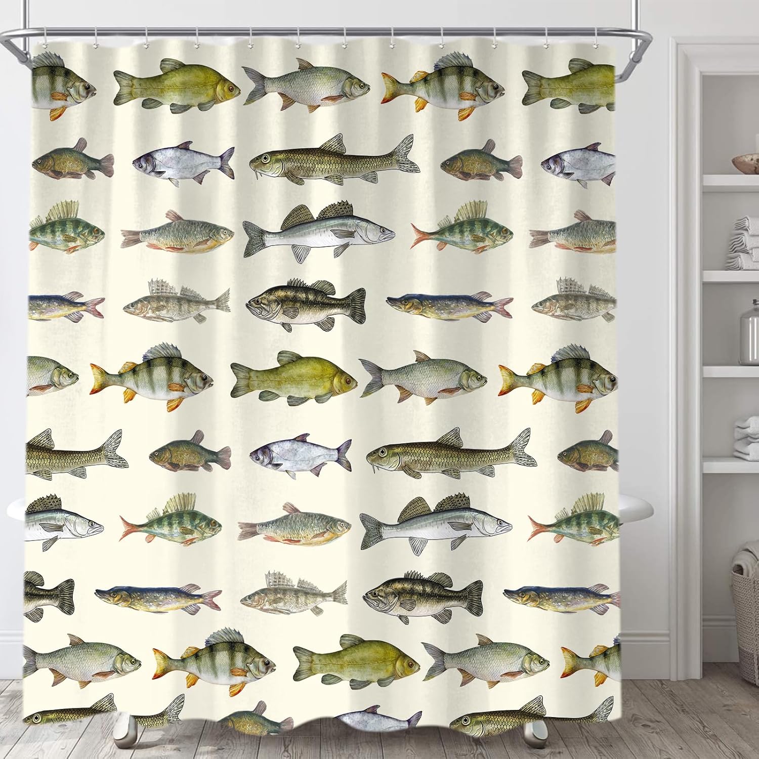 Sanzugh Rustic Cabin Fishing Shower Curtain, Country Lake House River Fish Hunting Fabric Shower Curtains Set for Men Bathroom Decorative with Hooks 72 X 78 Inch Camo Bath Decor