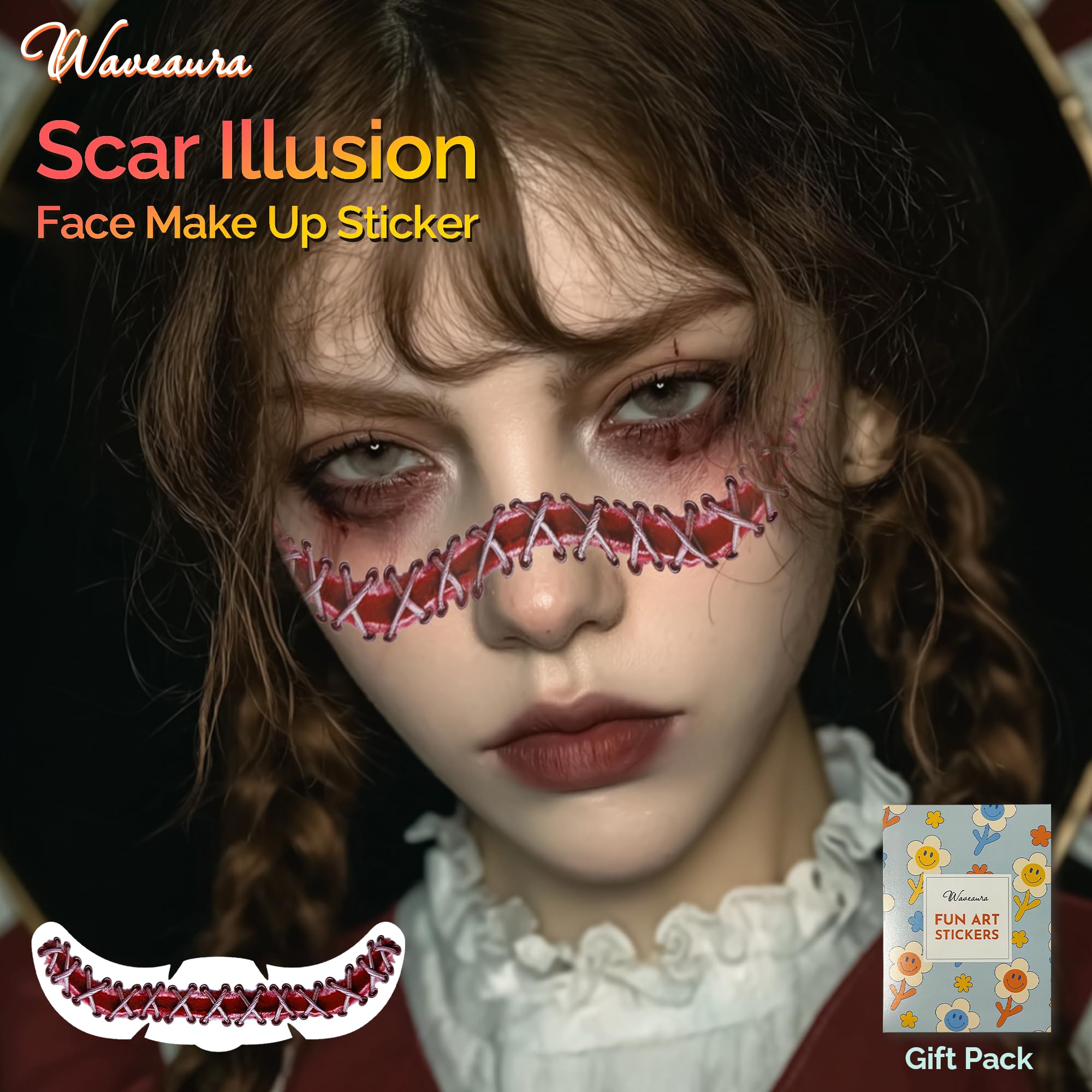 Waveaura Halloween Temporary Tattoos Stitched Wound Stickers New Face Scar Tattoos 4pcs for Adults Dia de Los Muertos Day of the Dead Face Tattoos Halloween Party Prank Cosplay Horror Makeup - Image 3
